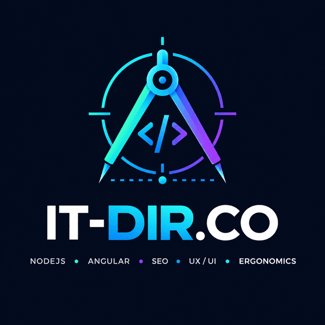 Logo IT-DIR.co : un compas autour du symbole de code et les expertises NodeJS, Angular, SEO, UX/UI, Ergonomics